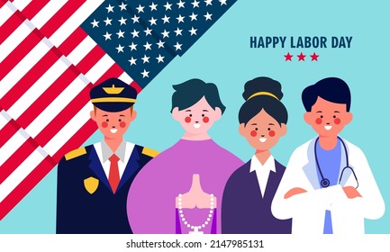 Happy labor day. various occupations people standing with american flag