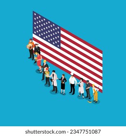 Happy Labor Day. Various occupations people standing with American flag isometric 3d vector concept for banner, website, illustration, landing page, flyer, etc