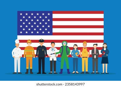 Happy Labor Day. Various occupations people standing with American flag 2d vector illustration concept for banner, website, landing page, flyer, etc