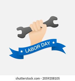 Ilustración de pancartas del Día del Trabajo Feliz. Mano con llave y cinta con la inscripción Día del Trabajo. Ilustración del vector EPS 10