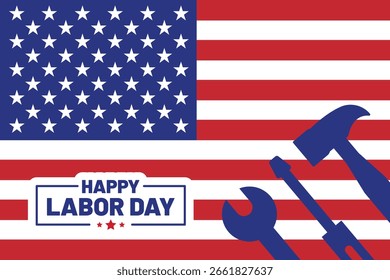 Happy Labor Day vector banner and greeting card with American flag and hardware tools design