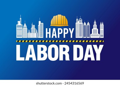 happy labor day vector design. white building and yellow safety helmet.