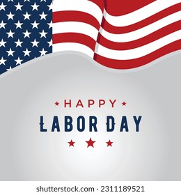 Tarjeta de felicitación o tarjeta de invitación del Vector del Día del Trabajo Feliz. Ilustración de un feriado nacional norteamericano con una bandera norteamericana.