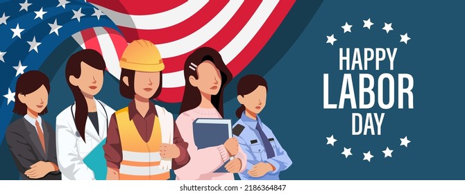 Happy Labor Day Vector Illustration with Labor Character and US Flag. Suitable for Template Poster, Banner, Flyer, Greeting Card etc