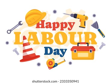 Happy Labour Day-Vektorgrafik mit verschiedenen Bauwerkzeugen für Gebäude in flach kartoon handgezeichnete Hintergrundvorlagen