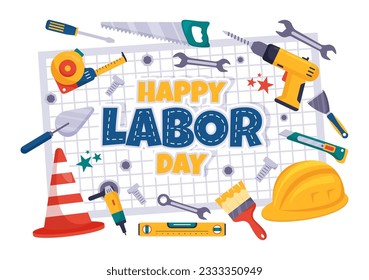 Happy Labor Day Vector Illustration with Various Construction Tools for Workers Buildings in Flat Cartoon Hand Drawn Background Templates