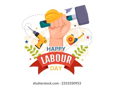 Happy Labor Day Vector Illustration with Various Construction Tools for Workers Buildings in Flat Cartoon Hand Drawn Background Templates