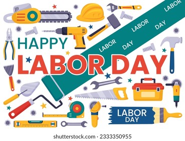 Happy Labor Day Vector Illustration with Various Construction Tools for Workers Buildings in Flat Cartoon Hand Drawn Background Templates
