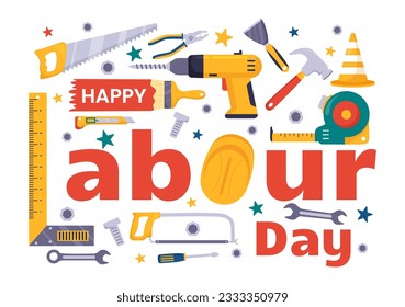 Happy Labor Day Vector Illustration with Various Construction Tools for Workers Buildings in Flat Cartoon Hand Drawn Background Templates