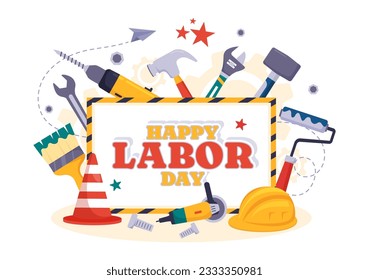 Happy Labor Day Vector Illustration with Various Construction Tools for Workers Buildings in Flat Cartoon Hand Drawn Background Templates