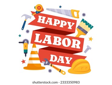 Happy Labor Day Vector Illustration with Various Construction Tools for Workers Buildings in Flat Cartoon Hand Drawn Background Templates