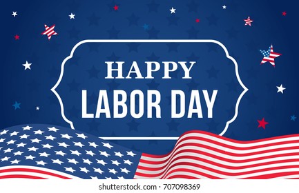 Happy Labor day vector illustration, USA flag waving with falling stars on blue background.