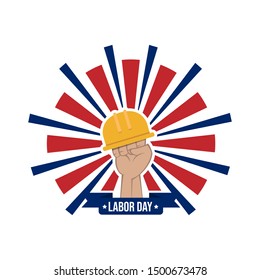 Happy labor day vector label with hand and safety helmet isolated on white background