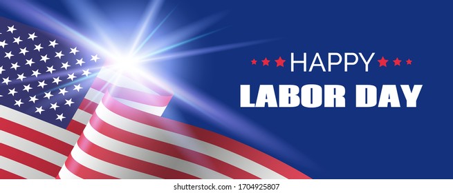 Happy labor day. Vector long banner for social media greetings. With american flag