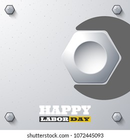 Happy Labor Day vector paper craft with wrench silhouette, nut, hexagon screw with long shadow on the metal background.