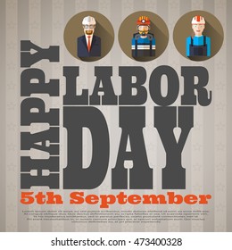 Happy Labor Day vector poster with avatars of different professions on the gradient gray background with stars.