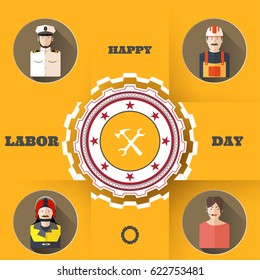 Happy Labor Day vector poster with paper label of gear, group avatars of different professions with shadows on the yellow background with cut paper shapes.