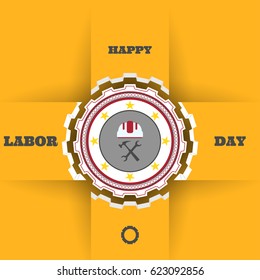 Happy Labor Day vector poster with paper label of gear, shadows on the yellow background with cut paper shapes.