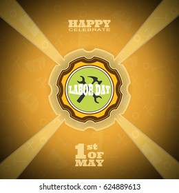 Happy Labor Day vector poster with label of gear cut from paper, text, shadow on the yellow background with pattern.