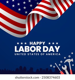 Happy Labor Day with waving  american flag blue background