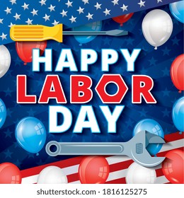 happy labor day with work tools and balloons. vector illustration