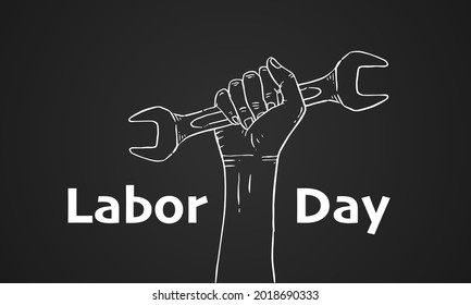 Happy Labor Day and workers right vector poster. Celebration construction, tool wrench in hand. Vector illustration