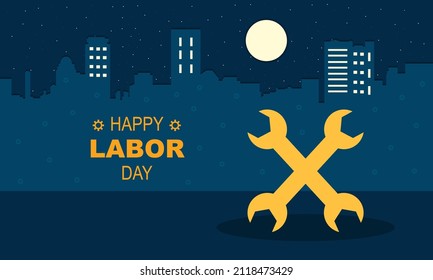 Happy Labor Day With Wrench And City Landscape
