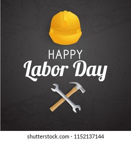 Happy labor day. Yellow construction helmet, hammer and wrench on dark background. Vector