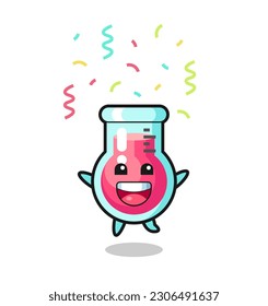 happy laboratory beaker mascot jumping for congratulation with colour confetti , cute style design for t shirt, sticker, logo element