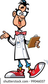 Happy Laboratory Professor Scientist With Glasses, Bow Tie and Sneakers Holding Clipboard