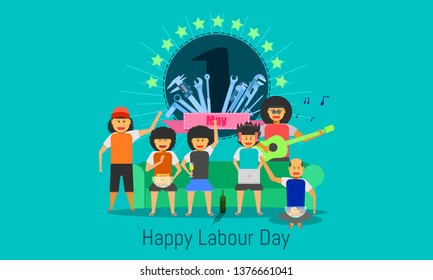 happy labour day 1 may. people on the sofa celebrating on vacation time.engineering design concept with screwdriver wrench ruler vernier caliper cheater bar.vector illustration eps10