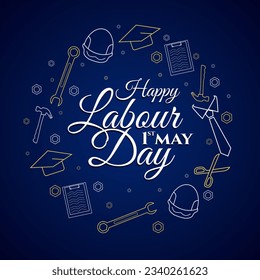 happy labour day 1 st of may concept vector design with patter background of work equipment icon on line art style suitable for international workers day moment in the world