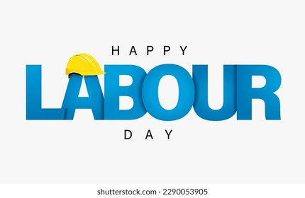 Happy Labour Day, 1st May lettering banner. Celebrating International Labor Day, blue text and yellow helment. Vector illustration