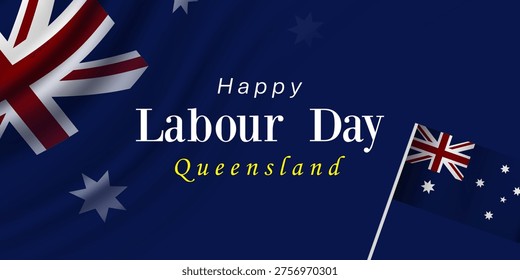 Happy Labour Day in Australia. Australia flags. Perfect for posters, banners and social media. Blue background. 