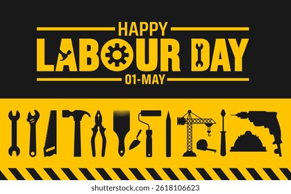 Happy Labour Day background, banner or poster design template. Observed on May 1st. it honors workers' contributions. This bright vector features industrial symbols. we recognize the hard work.