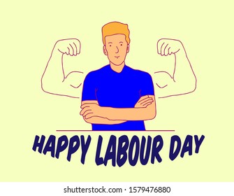 happy labour day background template with strong man illustration, vector in eps10