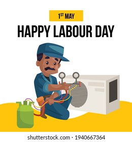 Happy labour day banner design with electrician repairing the air conditioner. Vector graphic illustration.