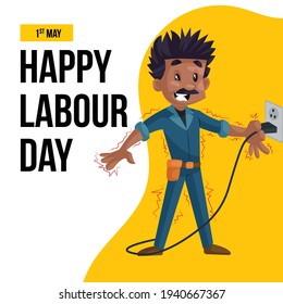 Happy labour day banner design with electrician gets an electric shock from socket board. Vector graphic illustration.
