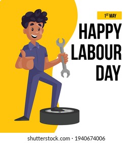 Happy labour day banner design with mechanic holding wrench and showing thumbs up. Vector graphic illustration.
