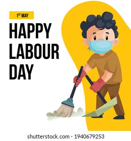 Happy labour day banner design with a cleaning man wearing a surgical mask and holding a mop in hand. Vector graphic illustration.