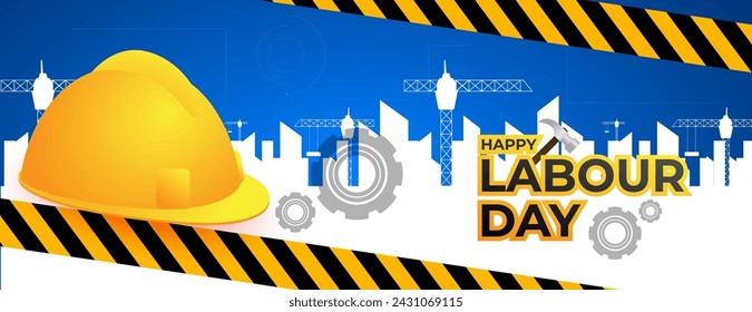 happy labour day banner design with helmet and silhouette of a city. vector illustration