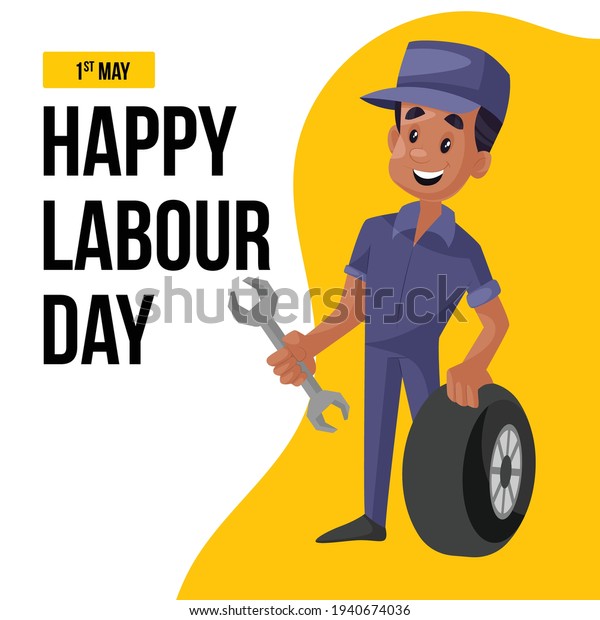 Happy labour day\
banner design with mechanic holding wheel and wrench in hand.\
Vector graphic\
illustration.