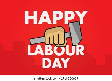 Happy labour day banner and poster 1 may. Striped wrench. Flat line style banner on red background