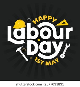 Happy Labour Day banner with worker tools yellow helmet, hammer, wrench silhouette on black background. 1st May international Labour Day typography, poster, sticker, label, social media post design.