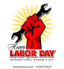 Happy labour day card with red fist with wrench on sunrise. Vector template for poster, greeting card on transpatent background