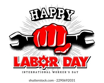 Happy labour day card with red fist with wrench on beams. Vector template for poster, greeting card on transpatent background