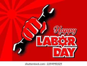 Happy labour day card with red fist with wrench. Vector template for poster, greeting card on red beams background