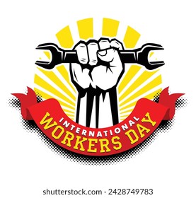 Happy labour day card with red fist with wrench on sunrise. Vector template for poster, greeting card on transpatent background