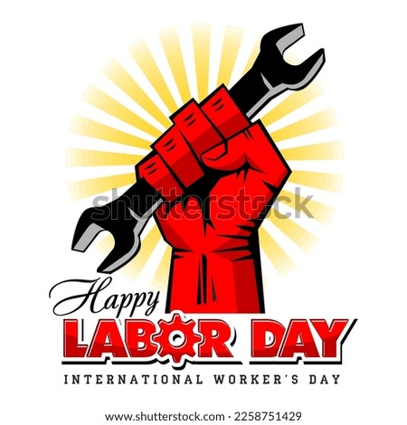 Happy labour day card with red fist with wrench on sunrise. Vector template for poster, greeting card on transpatent background