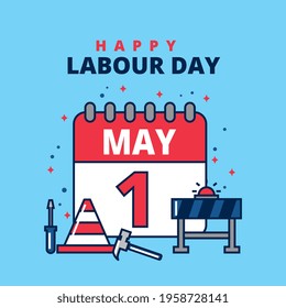 Happy labour day card with set of cartoons construction tools